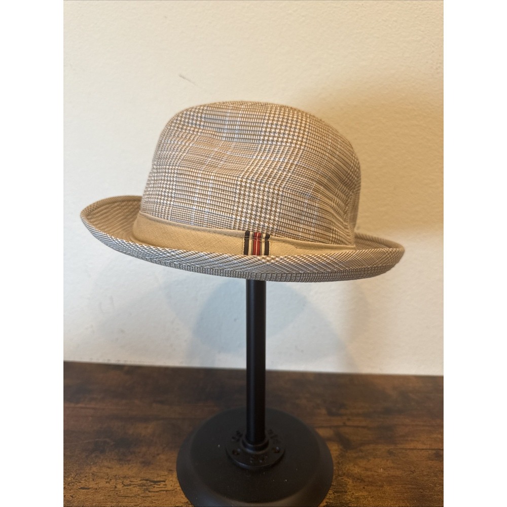 Knox New York Fedora Beige Check Mens Size Large Cotton Blend Vintage Style Hat